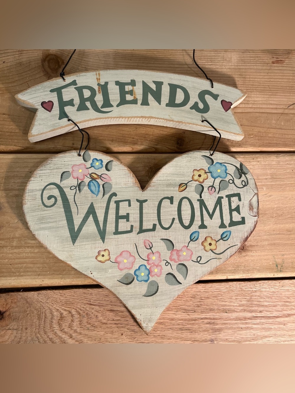 Wood Heart Floral Welcome Wall Hanging Country Garden Cottage Core Painted